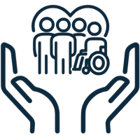 Icon of hands holding people including one in a wheelchair  to denote inclusion
